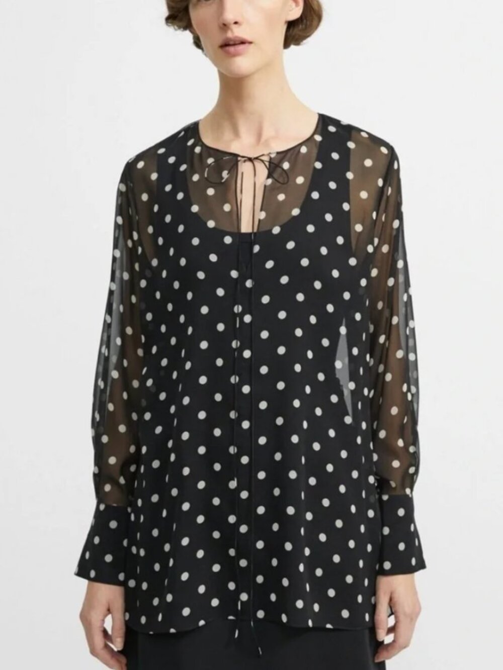 Theory Black and White Silk Georgette Polka Dot Long-Sleeve Tunic Blouse